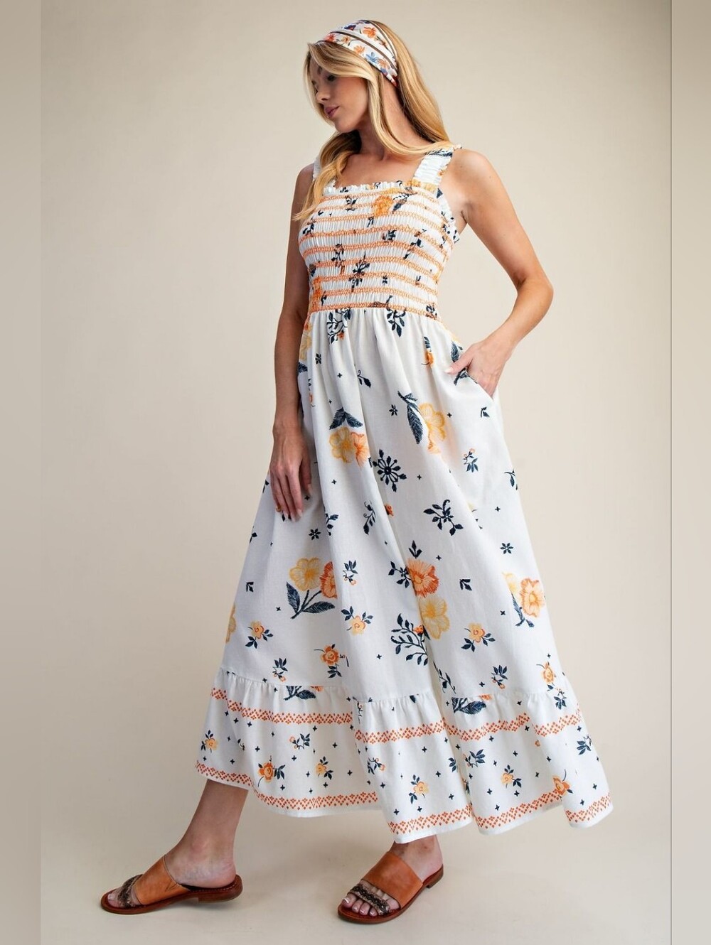 2-0706 White Flowy Maxi Dress Smocked With Floral Print